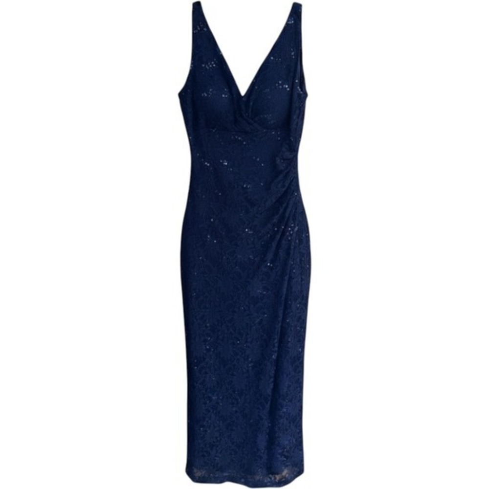 Lauren Ralph Lauren Evening Navy Blue Lace Sequin V-Neck Ruched Gown Dress Sz 6